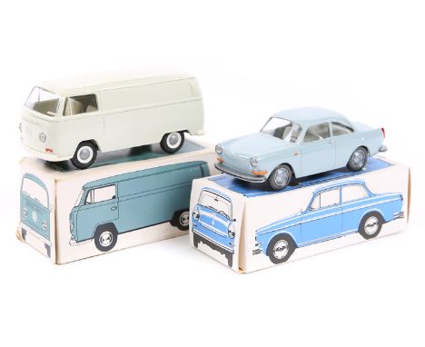 2 late 1960’s early 1970’s Wiking/Cursor Volkswagens. Type 2 panel van in light grey with white interior. Plus a 1500TL 2- do