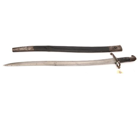 An Enfield P56/58 “bar on barrel” sword bayonet,  Solingen and WD stamps at forte, in scabbard (leather kinked). GC          