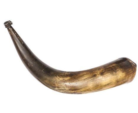 A good engraved powder horn of The 3rd Foot Guards, with crown and trophy of flags, “H Montague Capt, 2nd Battn 3rd Gds, Lisb