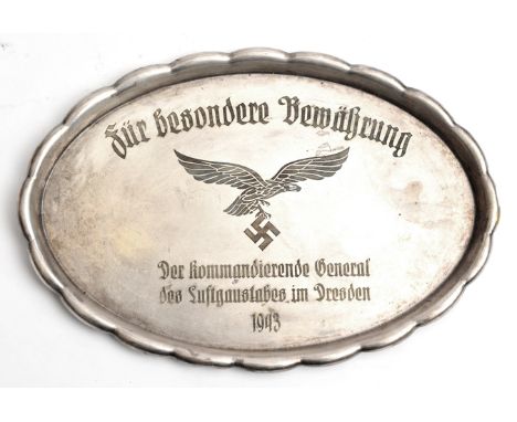 A Third Reich Luftwaffe oval silver plated salver, 9” x 6”, with scalloped rim, engine turned base with small maker’s mark “S