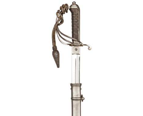 A late Vic officer’s sword of The Royal Artillery, slightly curved, fullered plated blade 35”, etched with winged lightning a