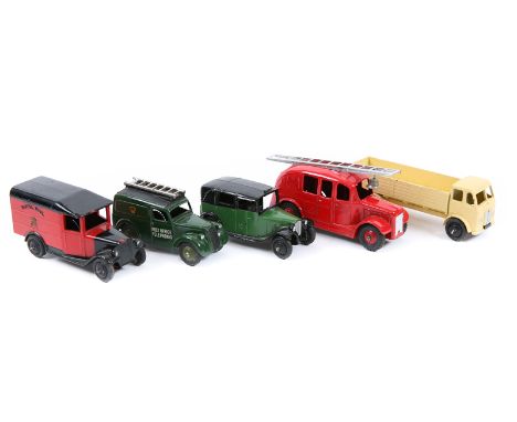 5 Dinky Toys. Leyland Forward Control Lorry in cream with black wheels. Telephone Service Van in dark green. TAXI (36g) in da