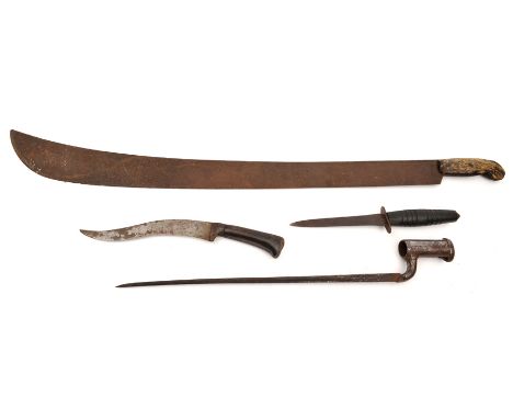 A socket bayonet,by S Hill, numbered “11” at forte, 15½” blade, 3” socket, GC; a machete, blade 27½” (heavily rusted) horn gr