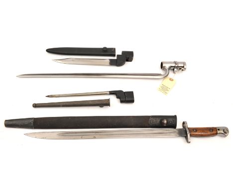 A P1907 bayonet, d 10.16 with stamps at forte, in scabbard; a No 4 Mk II bayonet in scabbard; a No 9 Mk I bayonet in scabbard