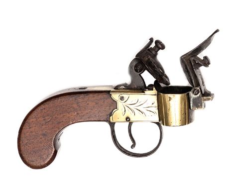 A brass framed flintlock boxlock tinder lighter             c 1800, 5½” overall, the frame with simple leaf engraving, and wi
