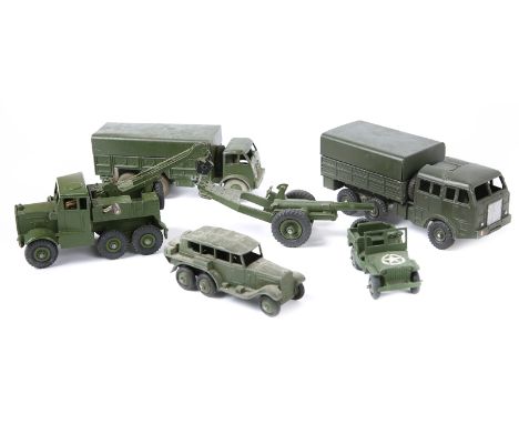 15 Dinky Military toys. Ambulance, Austin Champ, Jeep, 2x Reconnaissance Car, Recovery Tractor, 6 Wheeled Transport Wagon, An