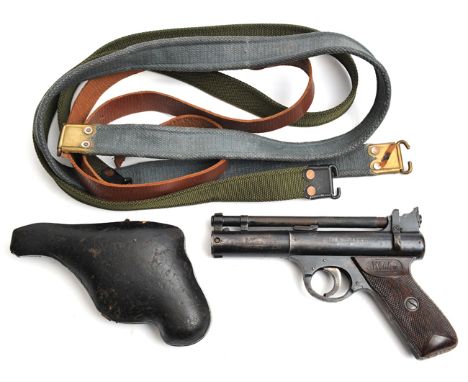 A .177” post 1958 Webley Senior air pistol, batch number 684. WO & basically GC (much surface rust and light pitting); a velv