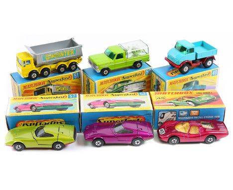 6 Matchbox Superfast. No45 Ford Group 6 in metallic purple with white interior, RN45. No49 Mercedes-Benz Unimog in light blue