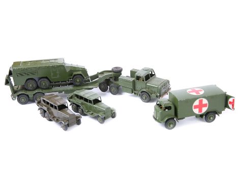 14 Dinky Military toys. Thornycroft Mighty Antar Tank Transporter, Military Ambulance, 3-ton Army Wagon, Army Wagon, Armoured