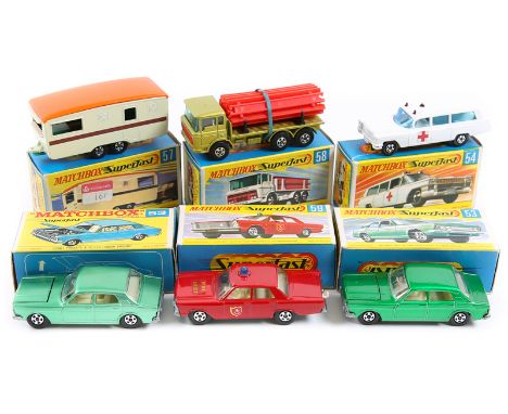 6 Matchbox Superfast. No2x No53 Ford Zodiac Mk1V, one in metallic light green and one in metallic emerald green both with whi