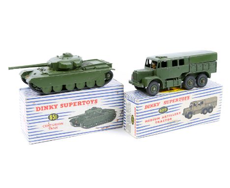 2 Dinky Military Vehicles. Medium Artillery Tractor (689). Plus a Centurion Tank (651). Both in olive green. Boxed, some mark