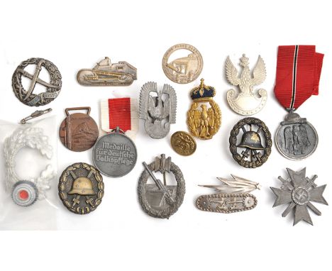 Third Reich insignia: Coastal Artillery badge by HAD (Hermann Aurich, Dresden), worn; War Merit Cross 1st Class (pin catch AF