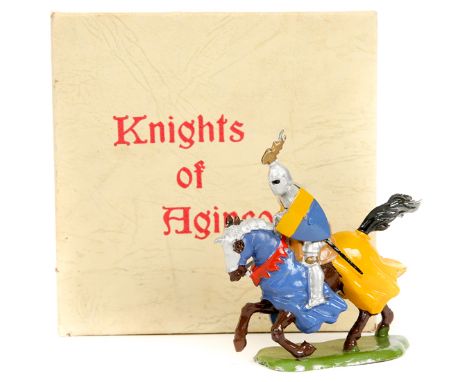 A Britains ‘Knights of Agincourt’ No9493 Mounted knight with sword. Gold crested helmet, blue over yellow shield, holds his s