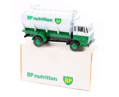 A Lion Car BP Promotional vehicle. A DAF 2 axle rigid truck with hopper style rear body, in white and dark green “BP nutritio
