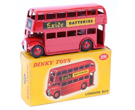 Dinky Toys Leyland London Bus (291). A late example in red with EXIDE BATTERIES adverts to sides, Route 73 destination boards