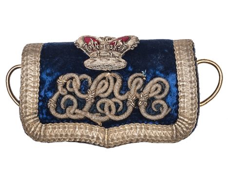 An officer’s full dress embroidered pouch, c 1860, of the East Lothian Yeomanry Cavalry,  of blue velvet, silver lace border 