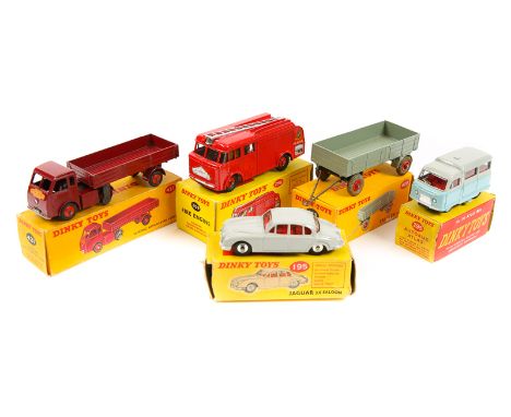 5 Dinky Toys. Jaguar 3.4 Saloon (195) in light grey with red interior. A Bedford Fire Engine (259) in red with ladder, late e