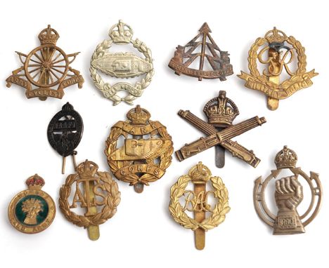 10 corps and women’s services cap badges: Tanks 1st patt and 2nd patt facing left, RAC brass and WM, Reconnaissance brass, Ma