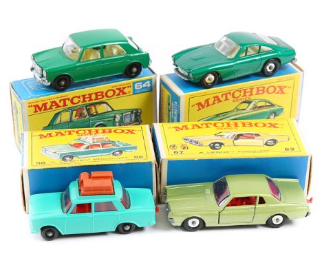 4 Matchbox Series. No56 Fiat 1500 in sea green with red interior and brown luggage to roof. No62 Mercury Cougar in metallic l