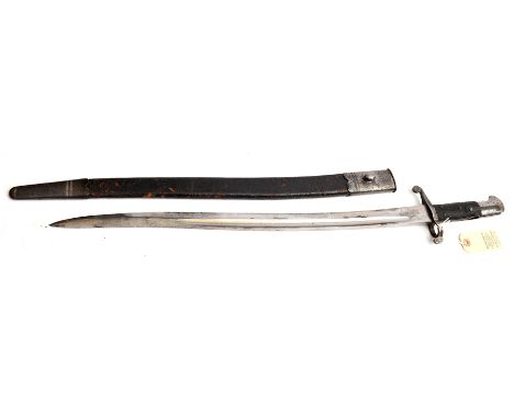 A P56/58 “bar on barrel” sword bayonet,  blade marked with Belgian (?) maker’s name “Chavasse” at forte, in scabbard. GC, the