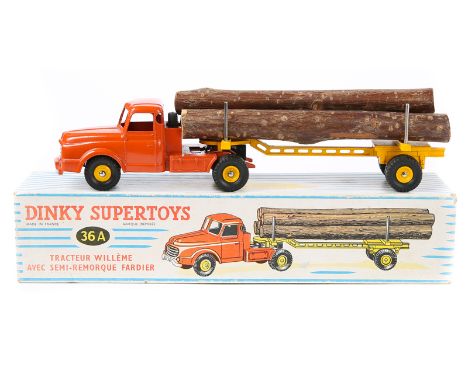 French Dinky Supertoys ‘Tracteur Willeme Avec Semi-Remorque Fardier’ (36A). Tractor unit in orange with yellow wheels, with y