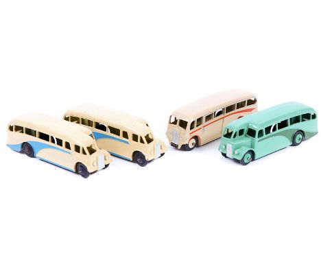 4 Dinky Toys buses. 3 Half-cab coaches, 2 in cream with mid blue flashes and black wheels, plus one in light green with dark 