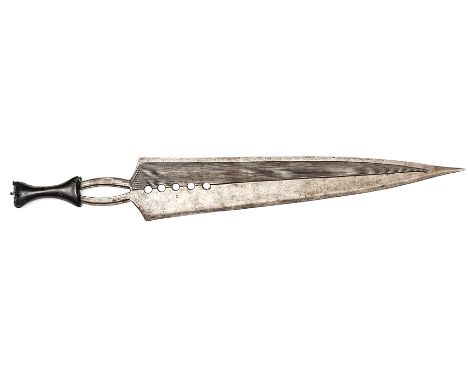A Congo knife, broad DE tapering blade 17”, five central holes at forte, offset incised lined panels for whole length on both