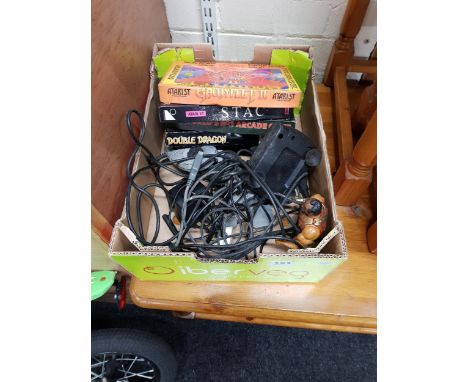 BOX LOT TO INCLUDE CONSOLE CONTROLLERS,ATARI ST GAMES ETC