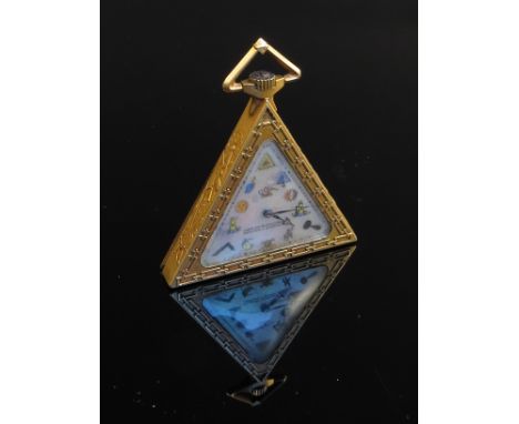 A Masonic pocket watch of triangular form with Swiss 15 jewel movement, case marked 375 with embossed Masonic symbols, face i
