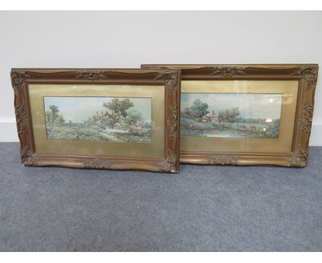 A pair of Edwardian lithograph prints, rural country scenes in gilt frames, 13.5 x 34cm