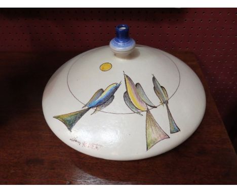 A signed ceramic Art vase with painted bird decoration 