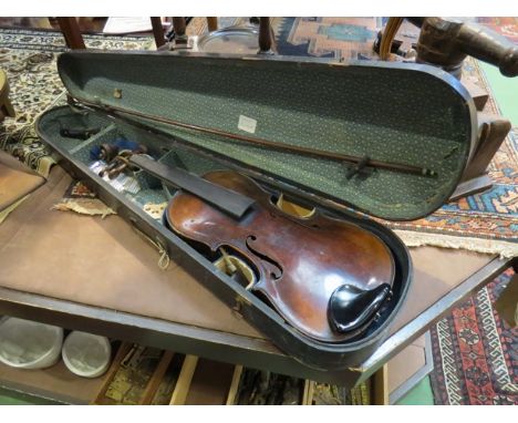 A 19th Century violin in the Stradivarius form, two piece back, 59cm length, cased a/f