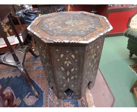 A parquetry wood hexagonal table decorated with mother-of-pearl (Syrian) 