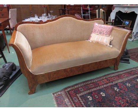 An early 20th Century Biedermeier style sofa with beige velour upholstery, walnut frame, 178cm long