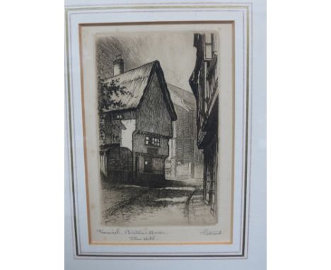 A pencil singed etching of Elm Hill, Norwich
