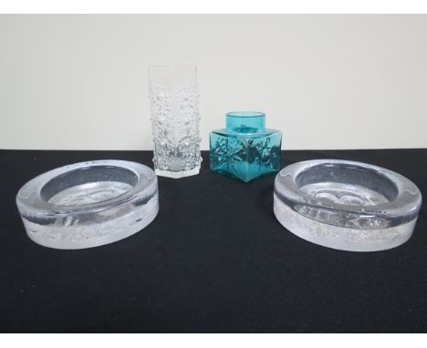 Four glassware items and two ceramic dogs including a pair of owl design bowls 