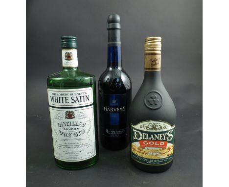 White Satin London Dry Gin 75cl, Delaney's Gold and Harveys Bristol Cream sherry (3) 