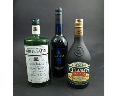 White Satin London Dry Gin 75cl, Delaney's Gold and Harveys Bristol Cream sherry (3) 