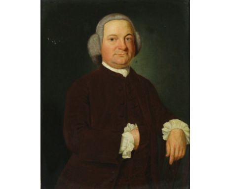 JOHN CORNISH (active 1751-1765).  A three-quarter length portrait of a gentleman, seated, wearing brown jacket &amp; wig; oil