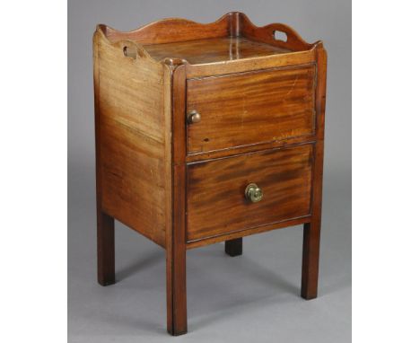 A mahogany tray-top bedside commode, fitted with a cupboard enclosed by panel door with brass knob handle above a converted d