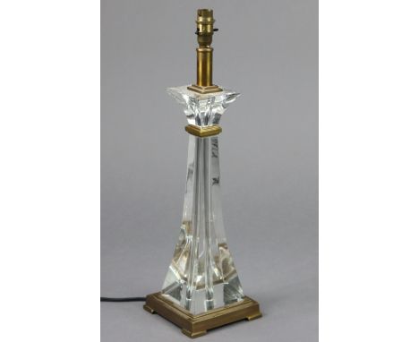 A 20th century glass &amp; brass-finish table lamp with flared column, on stepped base; 20.25” high x 5.5” wide.