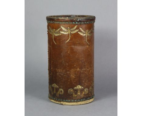 A GEORGE HULBE of Hamburg LEATHER-COVERED STICK-STAND or paper bin, with gilt tooled decoration of dragonflies &amp; fungi; 1