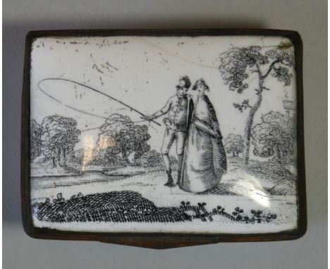 An 18th century white enamel rectangular snuff box, the hinged lid with monochrome decoration of an angler &amp; his female c