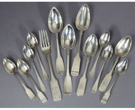 A pair of French .950 standard Fiddle pattern table spoons; a continental Fiddle pattern table spoon &amp; fork, two ditto de