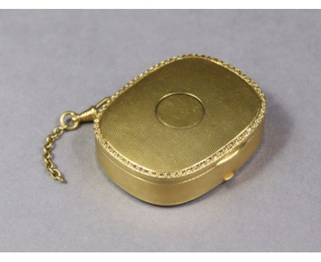 A continental 14K engine-turned oblong pendant box with rounded corners &amp; narrow scroll border to the hinged lid; 4.5 x 3
