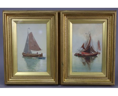 RICHARD HARRY CARTER (1839-1911). A pair of watercolour paintings of fishing vessels in calm waters. Each signed “R. H. Carte