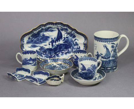 Nine items of 18th century English porcelain blue transfer “Fisherman &amp; Cormorant” pattern ware, comprising a Worcester c