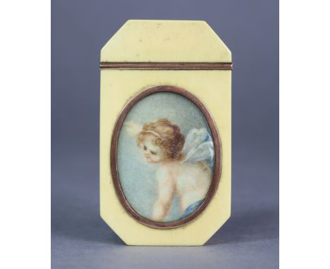A 19th century ivory patch box of canted rectangular form, inset oval portrait of a cherub inn brass mount to the hinged cove