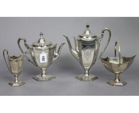 An Elkington &amp; Co. Four-piece tea &amp; coffee service of hexagonal vase form, engraved with swags, family crest, &amp; m