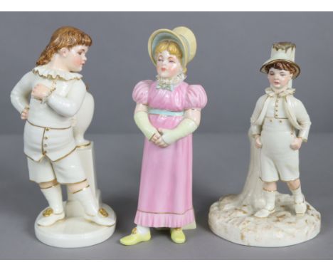 A Royal Worcester porcelain “Kate Greenaway” sugar caster figure of a girl in yellow bonnet &amp; long pink dress, 6¾” high, 